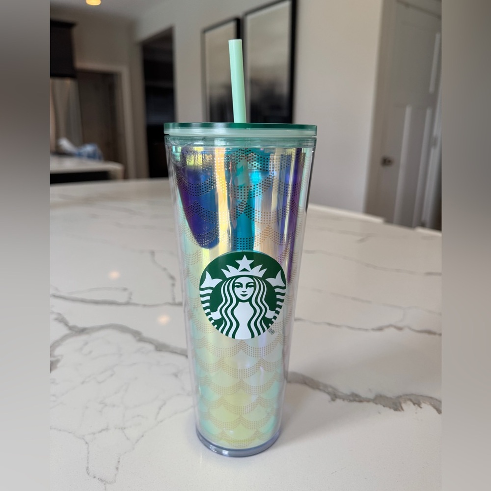 Starbucks Iridescent Green Logo Travel Tumbler with Mint Straw